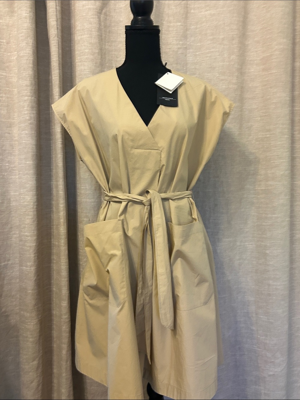 Weekend Max Mara Neutral-Tone V-Neck Midi Dress with Self-Tie Waist